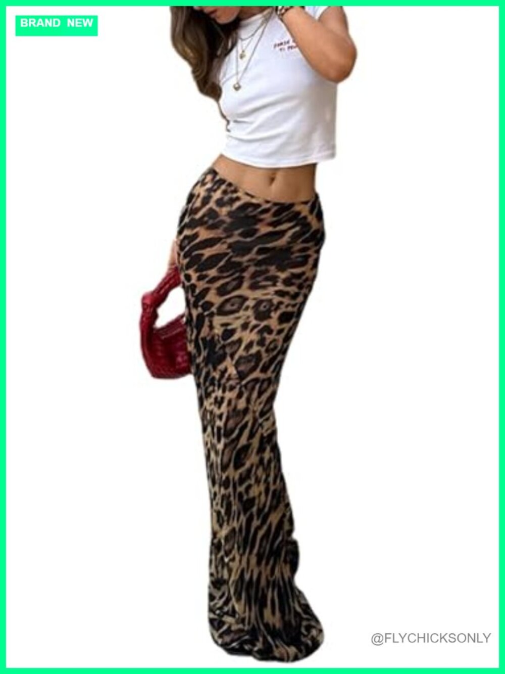 Satin Leopard Print Maxi Skirt Floor Length High Rise Straight Hemline Women's